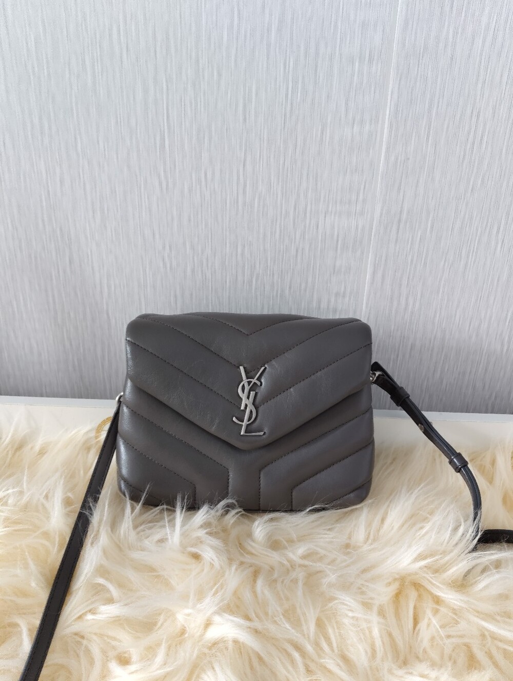Saint Laurent Dark Gray Quilted Chevron Crossbody Bag